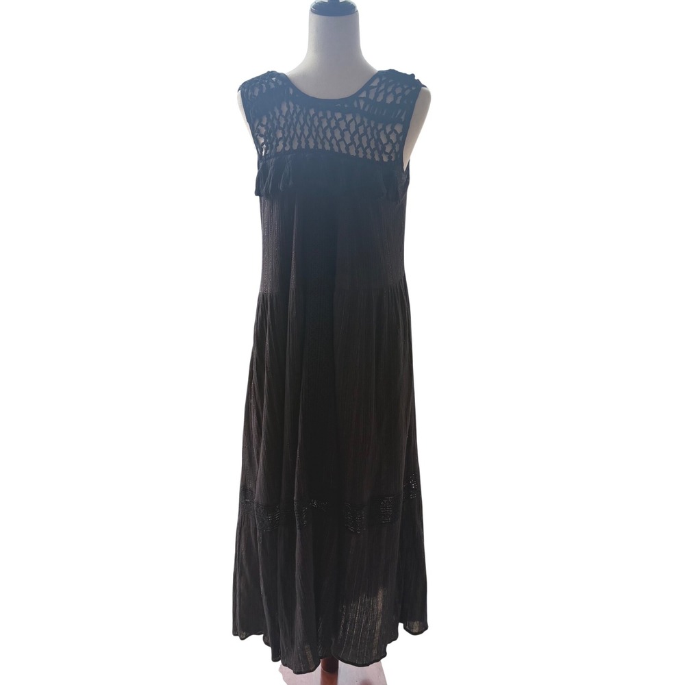 Maeve Anthropologie Black Metallic Stripe Boho Crochet Tassel Maxi Dress Small - Picture 2 of 10